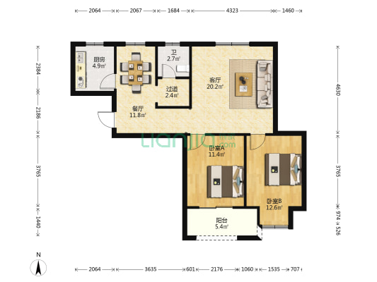 顺安北苑 2室2厅1卫 96平方