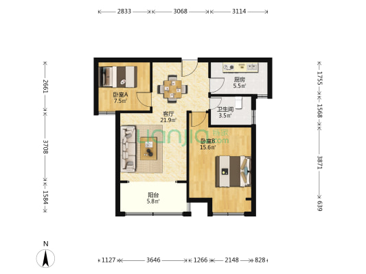 烨宸广场 2室1厅1卫 85平方