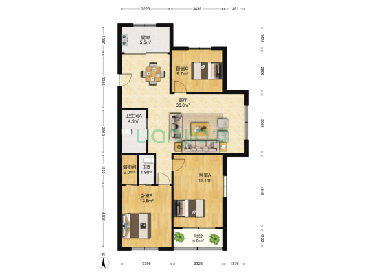 中天大厦 3室1厅2卫 121平方