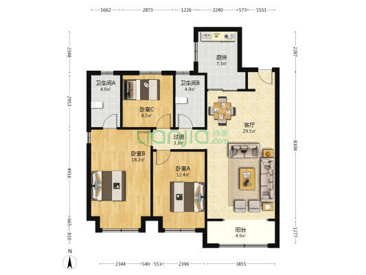 海信依云小镇格林 3室1厅2卫 140平方