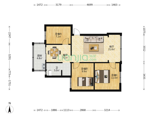 天君殿巷9号 3室2厅1卫 66平方