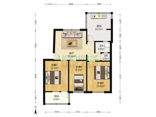 滩尖子170号 3室1厅2卫 75平方
