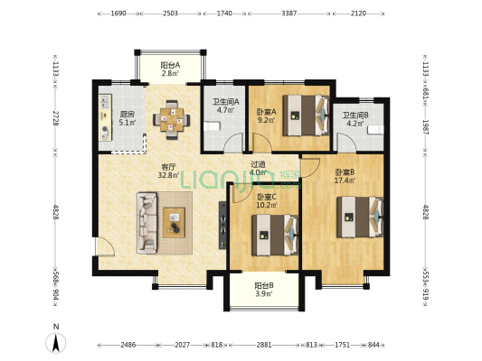 隆源国际城D区 3室1厅2卫 129平方