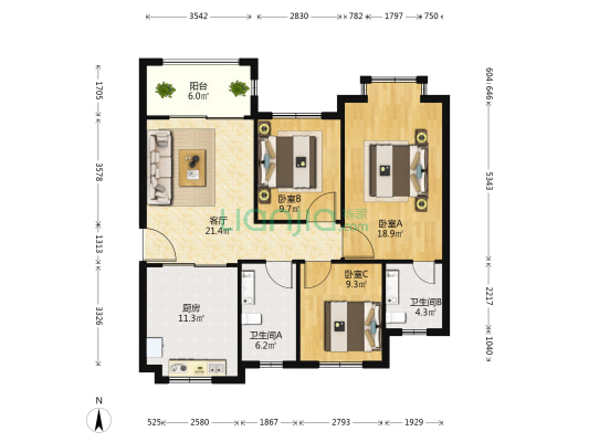 北海幸福苑 3室1厅2卫 122平方