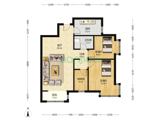 福信世纪花园 2室1厅1卫 93平方
