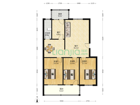 中医院家属院(天龙市场商圈) 3室2厅1卫 113平方