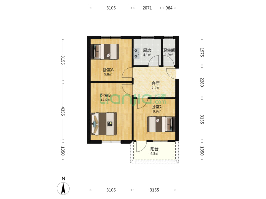 一初中家属院 3室1厅1卫 61平方