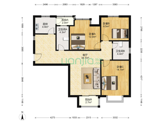 瑞和里 3室1厅2卫 124平方