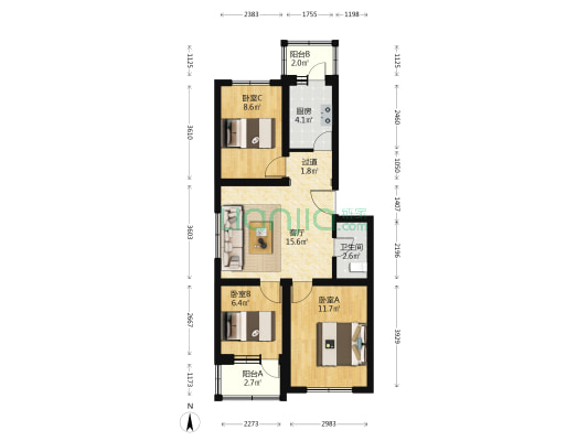 昌艺园小区 3室1厅1卫 76平方