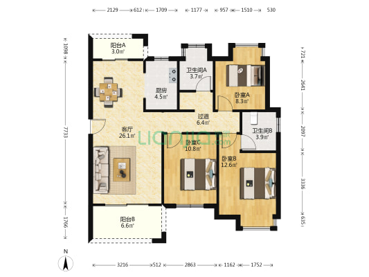 九龙苑 3室1厅2卫 111平方