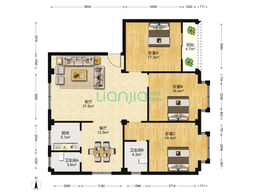 竹园小区 3室2厅2卫 139平方