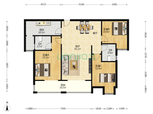 御景院A区 3室1厅2卫 140平方