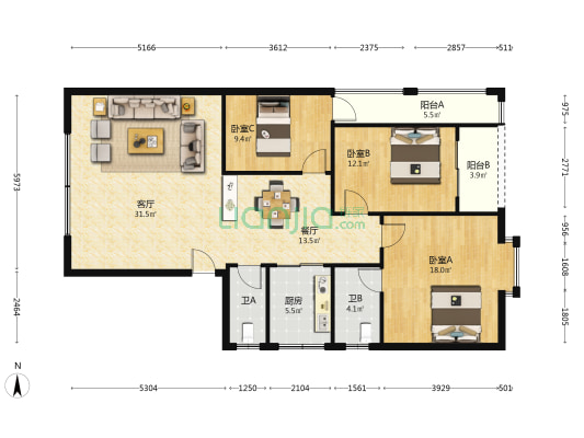 岭南小区 3室2厅2卫 129平方