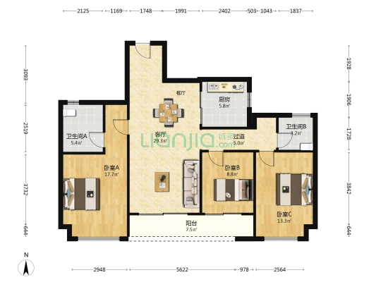 杭曜置地中心一区 3室1厅2卫 123平方