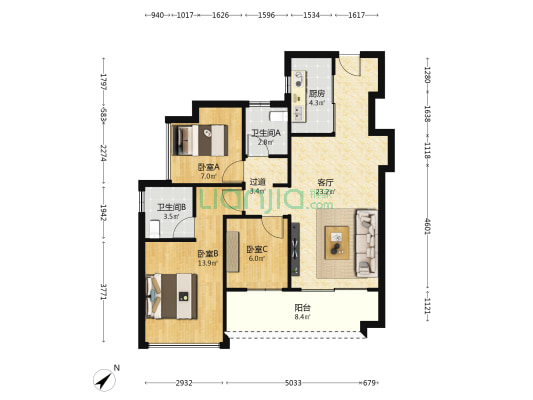 润晖府 3室1厅2卫 89平方
