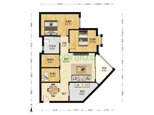 华友大厦 3室1厅1卫 102平方
