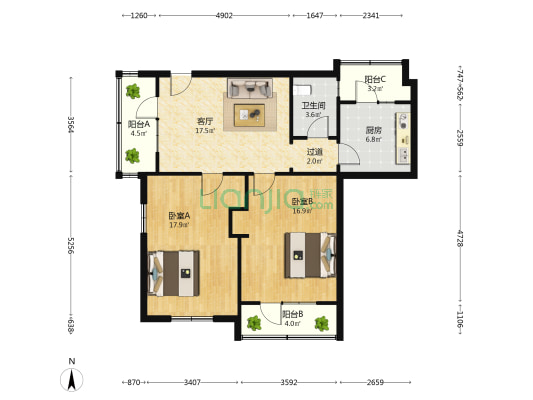 上海路3号 2室1厅1卫 94平方
