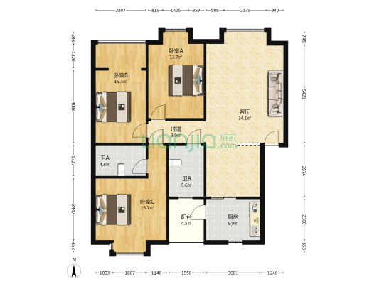 石桥新村一期B区 3室1厅2卫 120平方