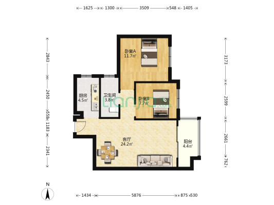 绿地香树花城 2室1厅1卫 78平方