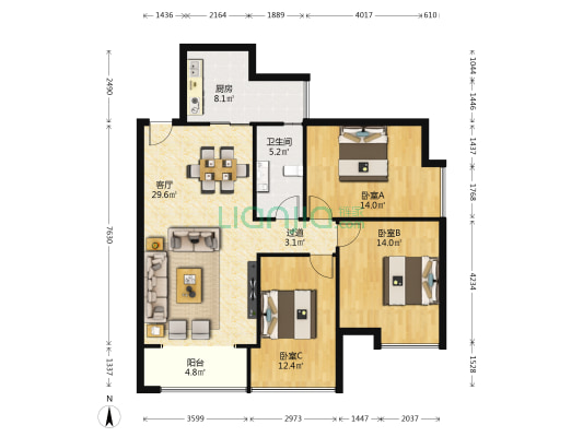 凯帆壹品江南 3室1厅1卫 104平方