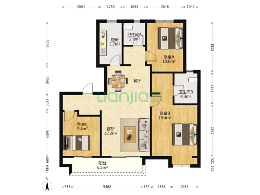 金山铭著 3室1厅2卫 115平方