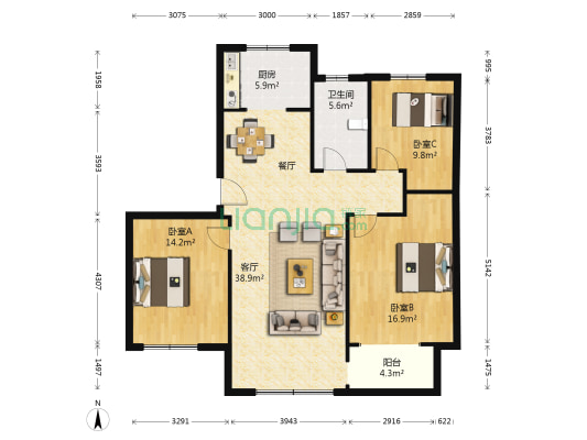 德润绿城丹桂园 3室1厅1卫 124平方