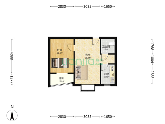 小有的正规一居，主卧大落地阳台，范阳路北侧-户型图