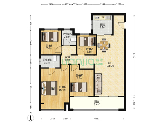 凤溪苑 4室1厅2卫 128平方