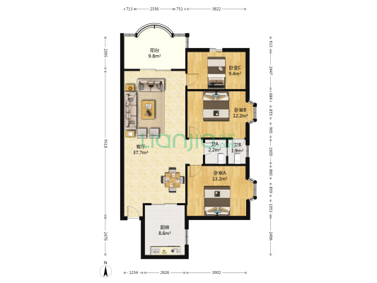 中山南路 3室1厅2卫 69平方