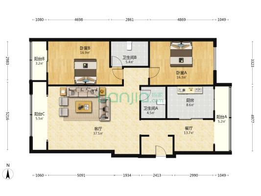 华昌大厦 2室2厅2卫 152平方