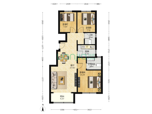 北科建·翡翠华府 3室1厅2卫 96平方