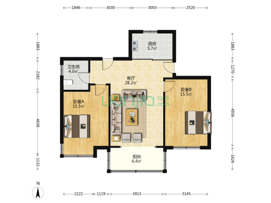 东大公寓 2室1厅1卫 86平方