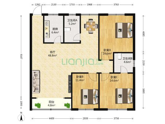 新怡花園 3室1厅2卫 131平方