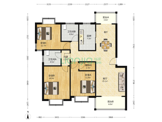 锦丽新苑 3室1厅2卫 122平方
