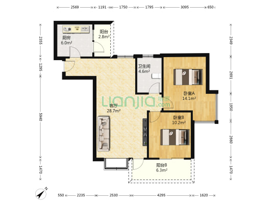 朝阳时代西锦 2室1厅1卫 87平方