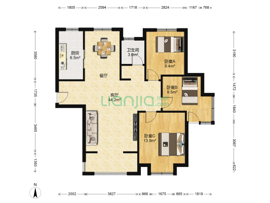 绿地之窗国际花都四期 3室1厅1卫 110平方
