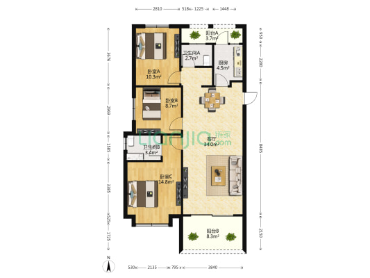 银亿上尚城北区 3室1厅2卫 109平方