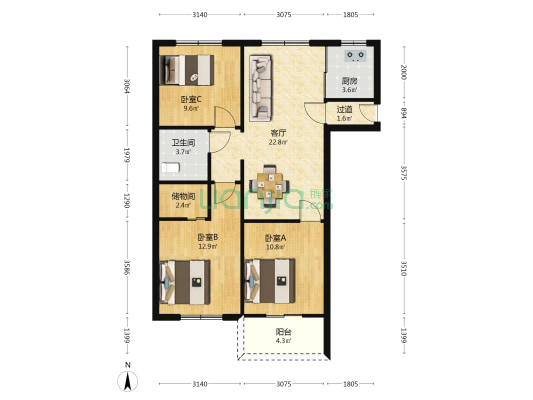 状元新村6组团 3室1厅1卫 86平方