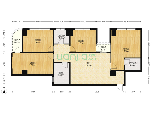 海泰大厦 4室1厅2卫 157平方