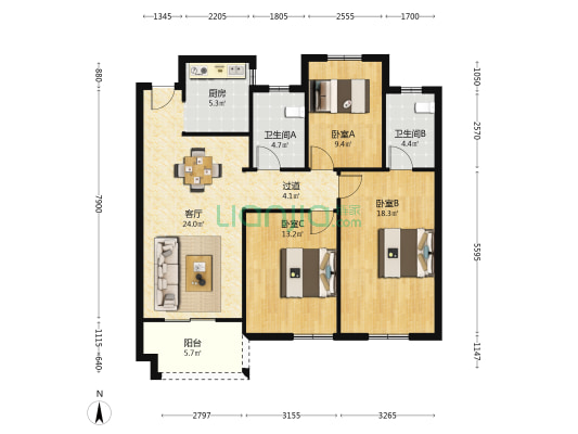 瑞欣家园 3室1厅2卫 125平方