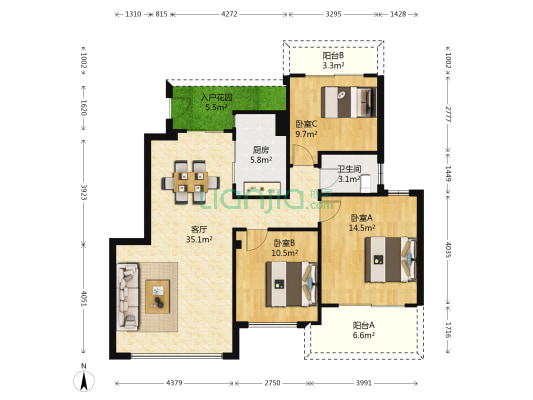 宝嘉誉园 3室1厅1卫 105平方