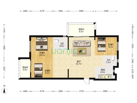 融创福州府B区 3室1厅2卫 106平方