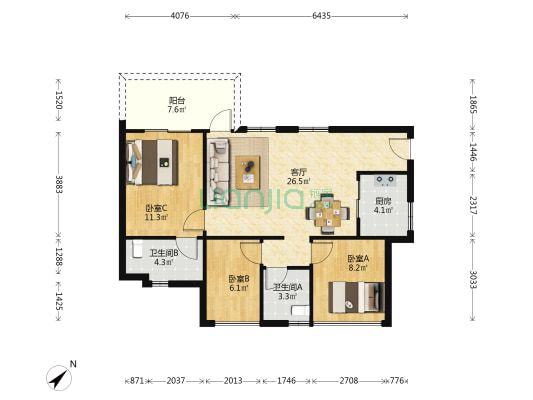 万科幸福悦 3室1厅2卫 85平方