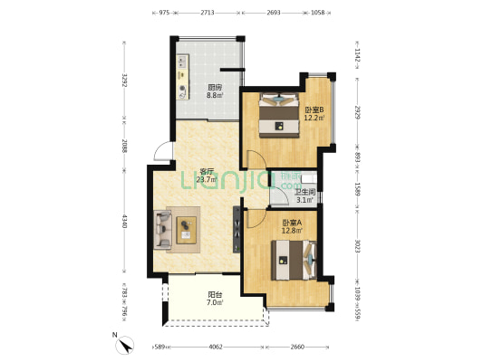 林荫河畔 2室1厅1卫 79平方