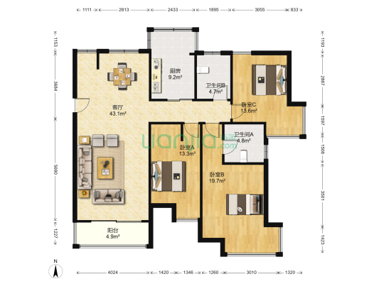翡翠国际 3室1厅2卫 125平方