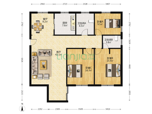 甜爱别墅(公寓) 3室2厅2卫 135平方