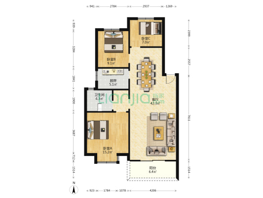 松溪家园 3室1厅1卫 103平方