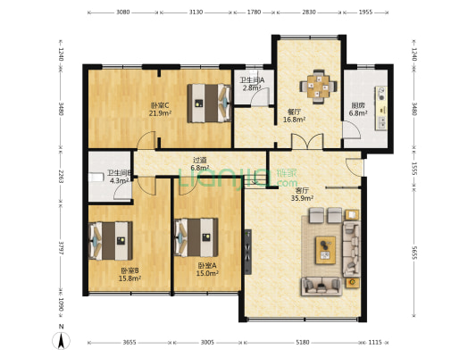 东城小区 3室2厅2卫 140平方