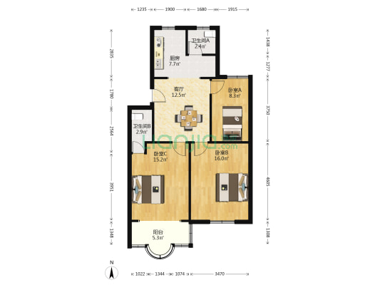 绿地公寓(浦东) 3室1厅2卫 86平方