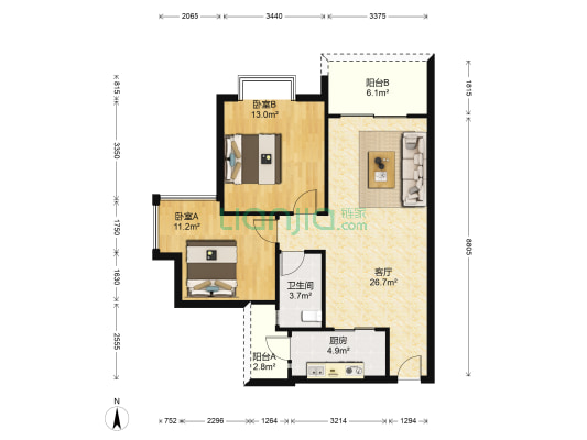 中海金沙湾B区 2室1厅1卫 86平方